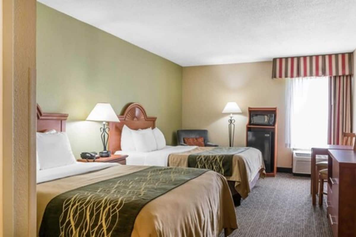 A hotel room with two beds, a desk, a chair, a TV, and a lamp.