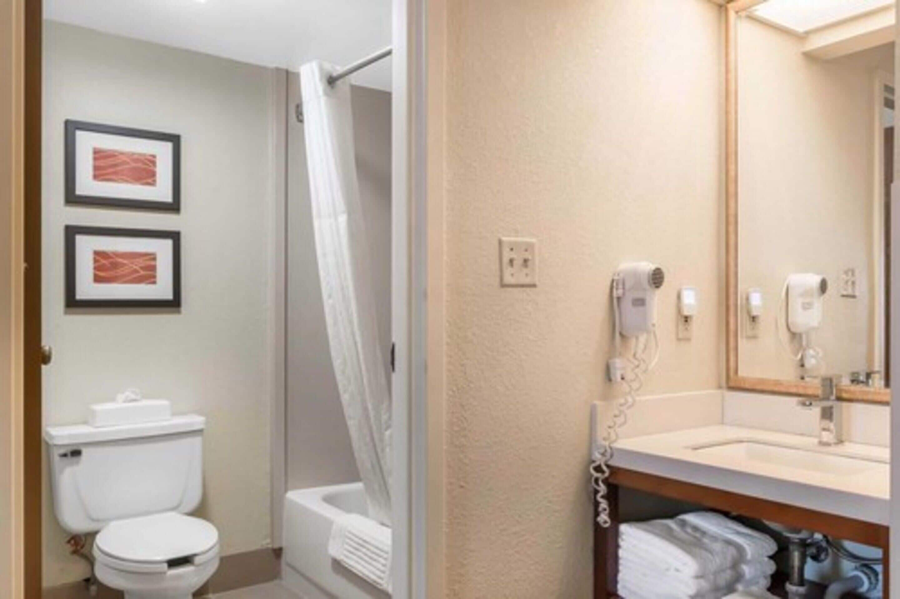 A bathroom with a toilet, shower, and sink. There are framed pictures on the wall, a towel rack, and a mirror above the sink.