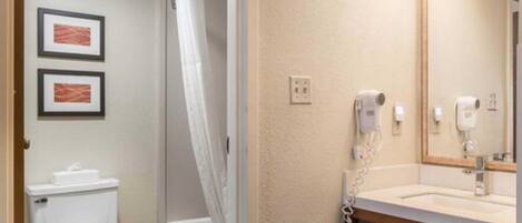 A bathroom with a toilet, shower, and sink. There are framed pictures on the wall, a towel rack, and a mirror above the sink.