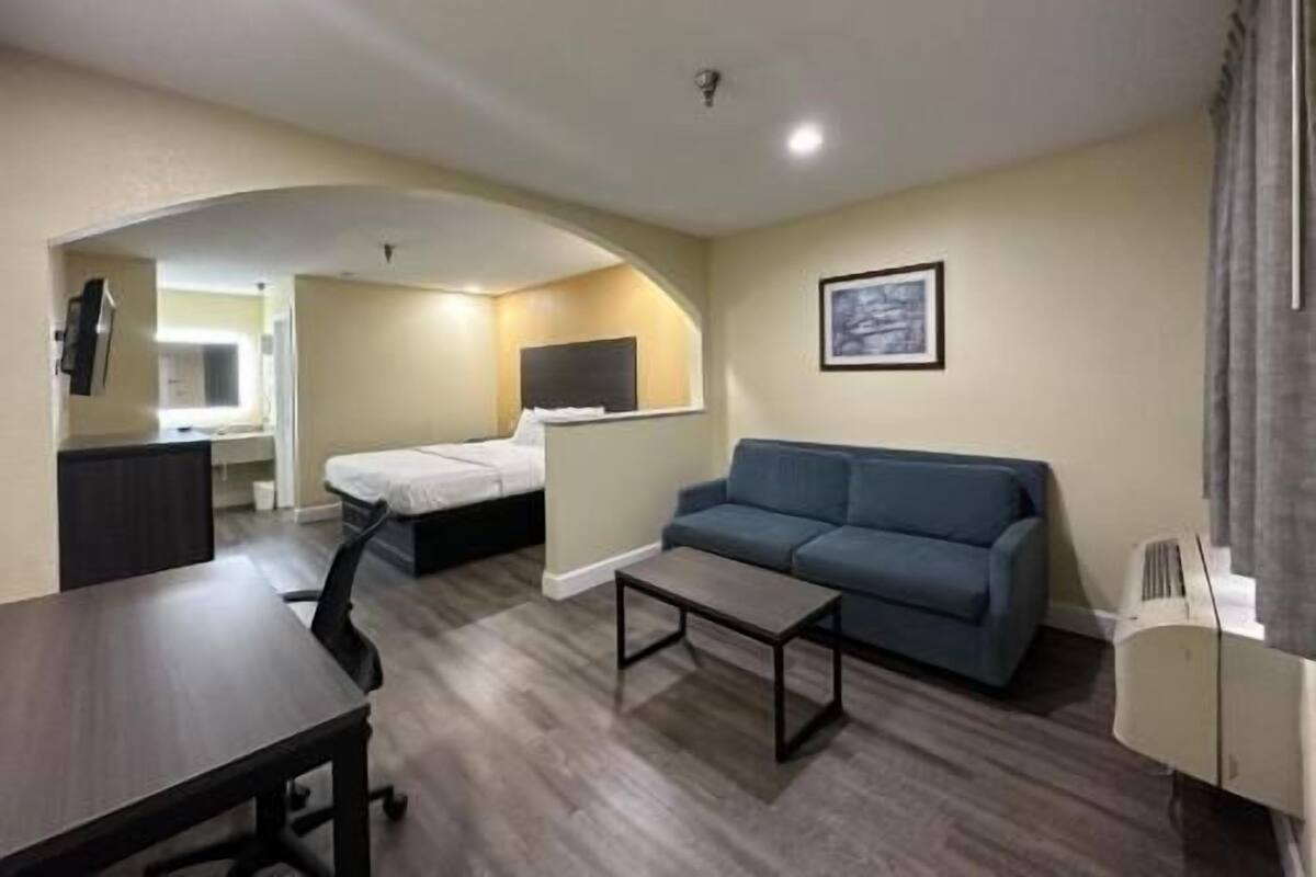 A hotel room with a bed, a sofa, a desk, and a television.