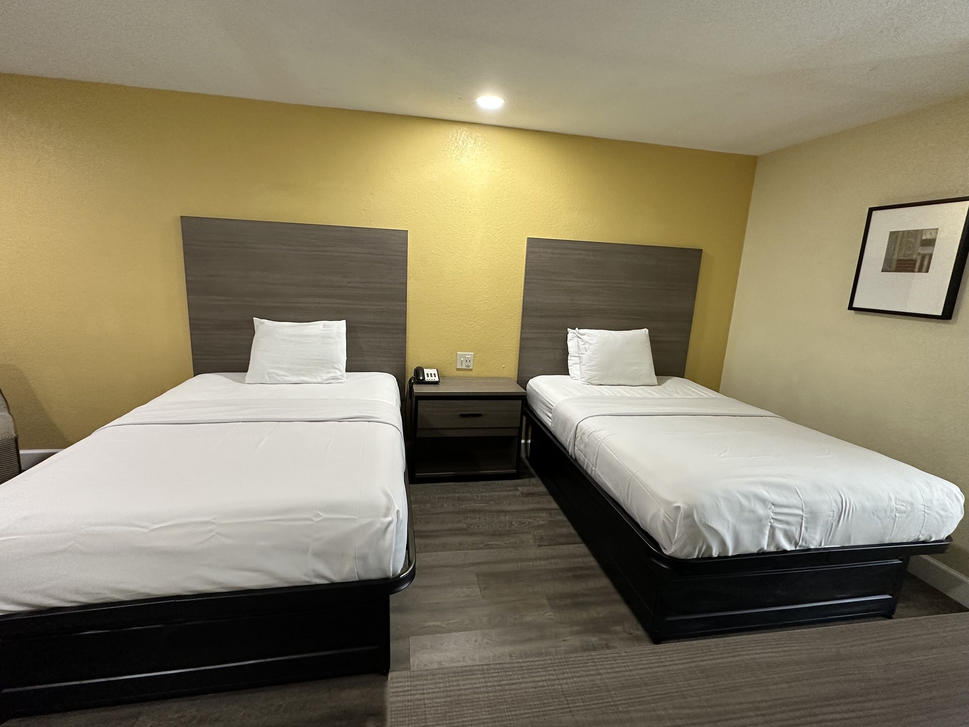 Quarto de hotel com duas camas de solteiro, uma mesa de cabeceira, um telefone e um quadro na parede.