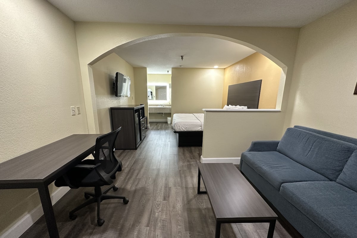 A compact living space with a kitchenette, a sofa, a dining table, and a TV.