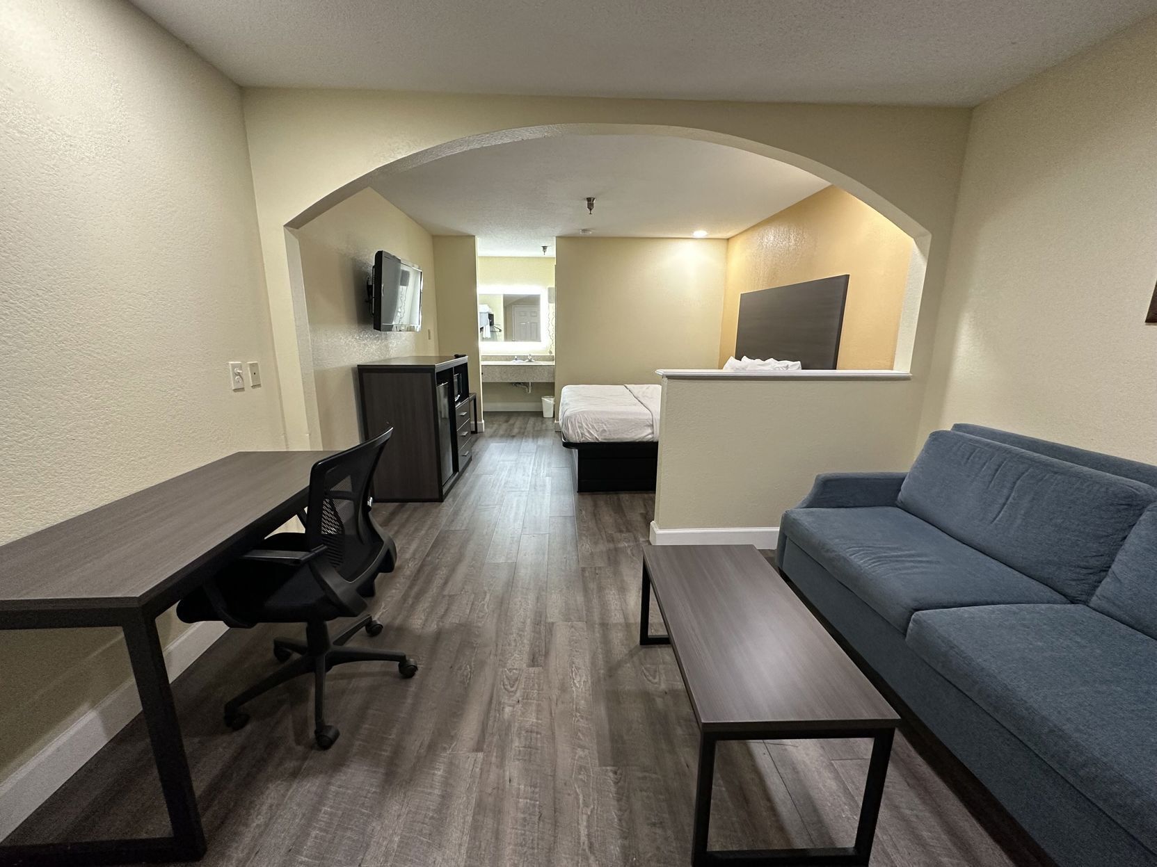 Desk, blackout curtains, soundproofing, iron/ironing board