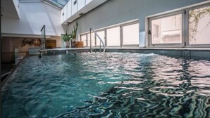Una piscina interior con agua cristalina, techo de vidrio y vistas al exterior.