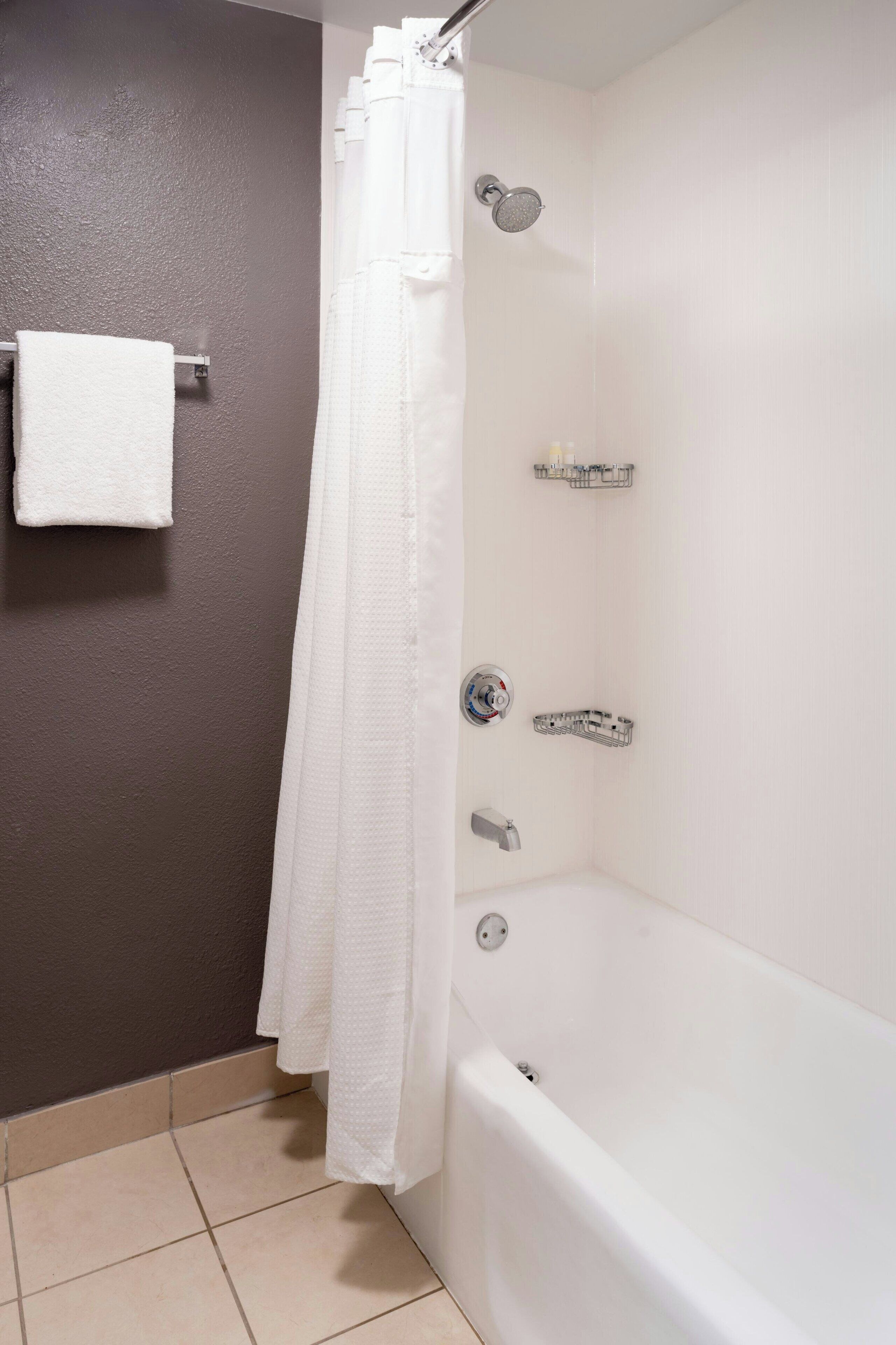 combined shower/bathtub, free toiletries, hair dryer, towels