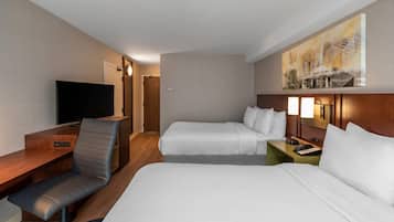 Premium bedding, pillowtop beds, desk, laptop workspace