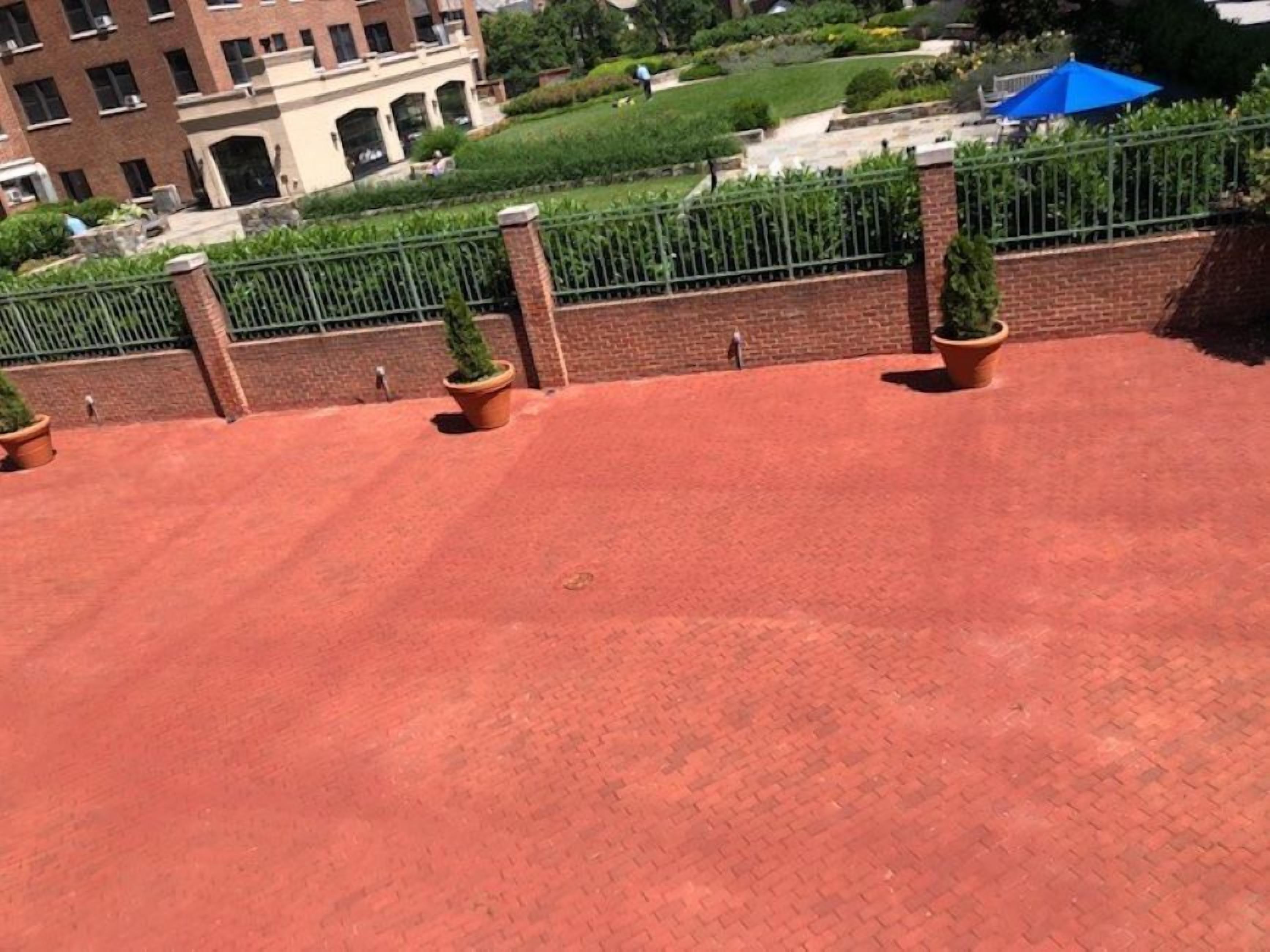 Un patio de ladrillo rojo con plantas en macetas y una valla metálica verde.