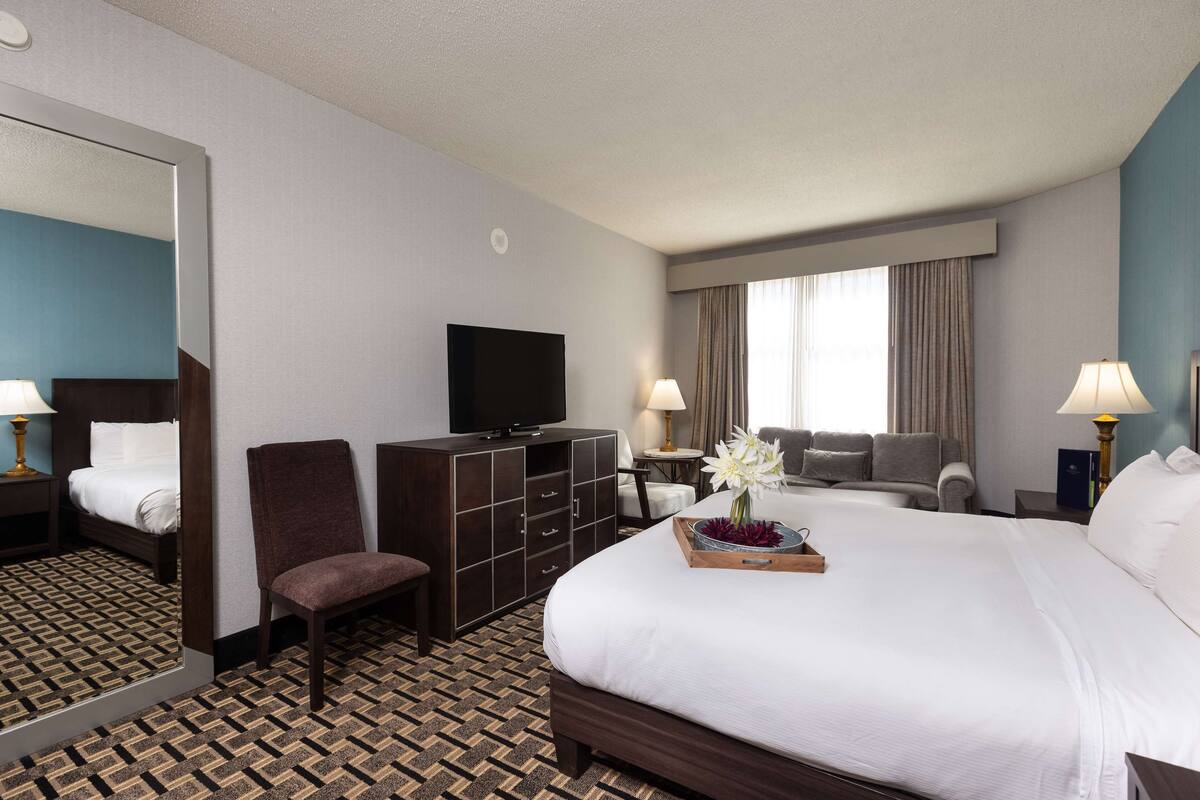 A hotel room with a large bed, a television, a dresser, a chair, a desk, and a window with curtains.