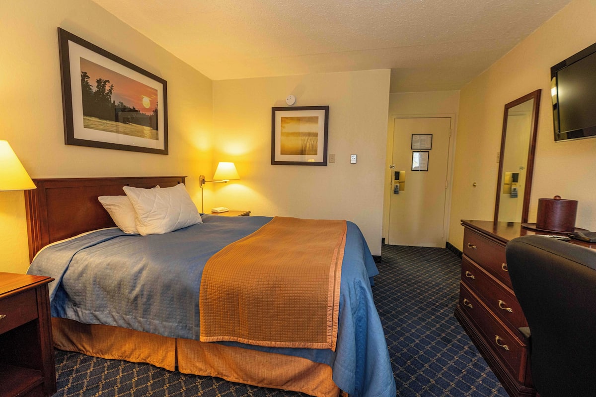 Ein Hotelzimmer mit einem Bett, einem Schminktisch, einer Lampe, einem gerahmten Bild an der Wand und einem Fernseher.