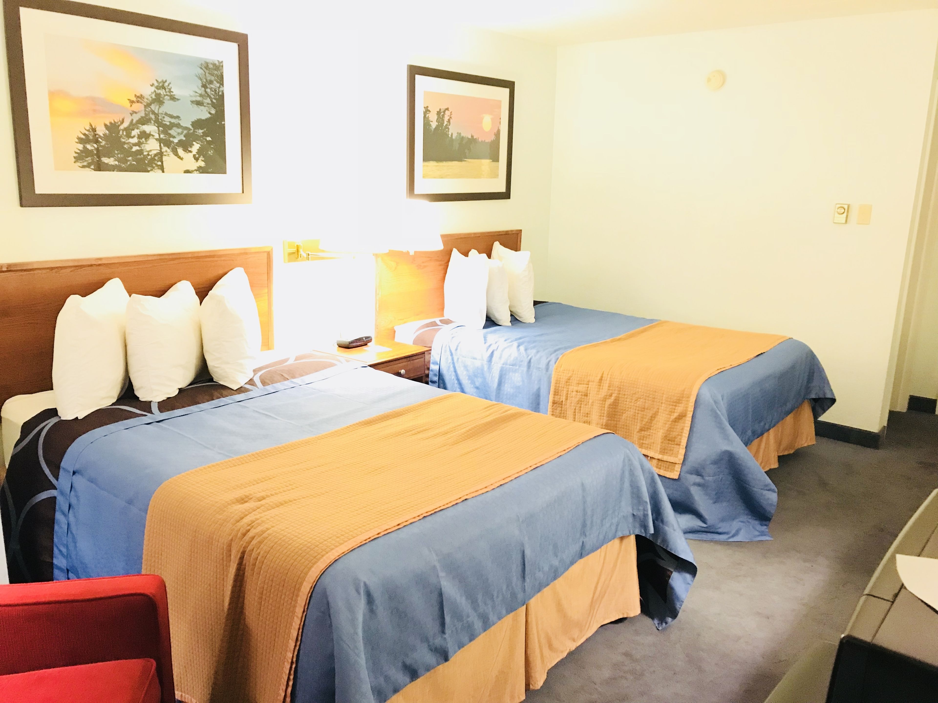 Habitación de hotel con dos camas, cada una con colcha azul y naranja, cabecero de madera y mesita de noche con lámpara. Hay dos cuadros enmarcados en la pared sobre las camas.