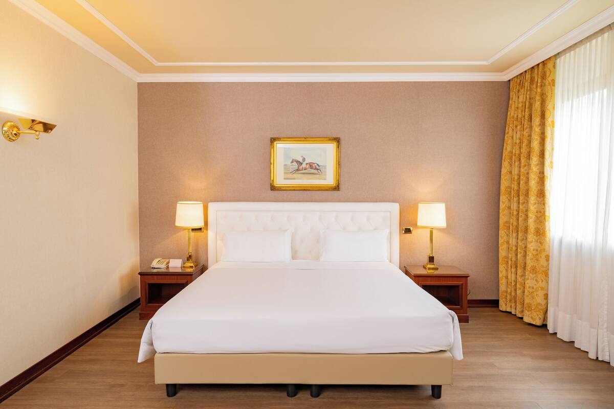 Une chambre d’hôtel avec un grand lit, deux tables de chevet avec des lampes, un tableau encadré au mur et une fenêtre avec des rideaux.