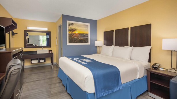 A hotel room with a bed, a desk, a chair, a mirror, a painting, and a nightstand with a lamp.