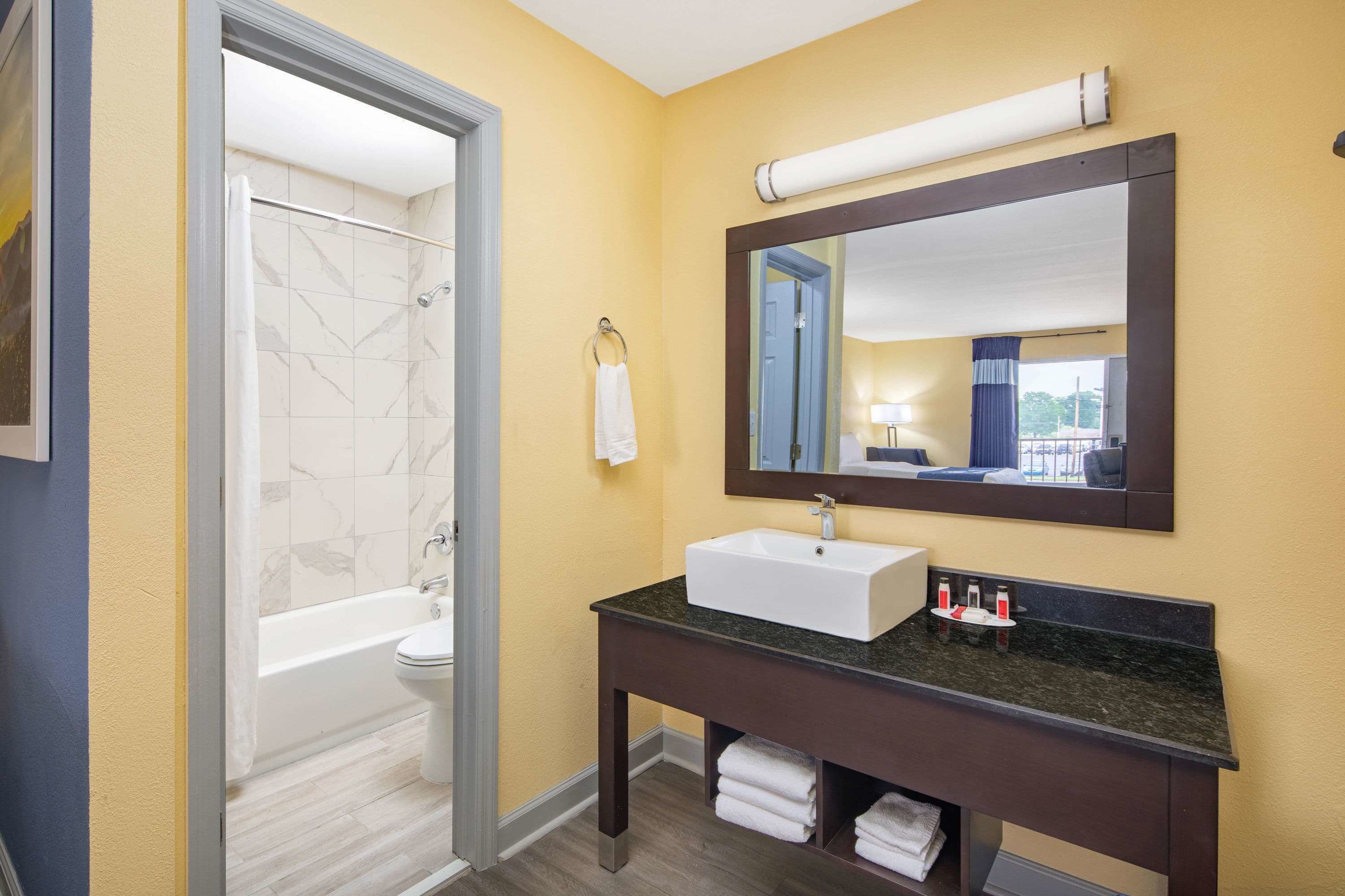 combined shower/bathtub, free toiletries, hair dryer, towels