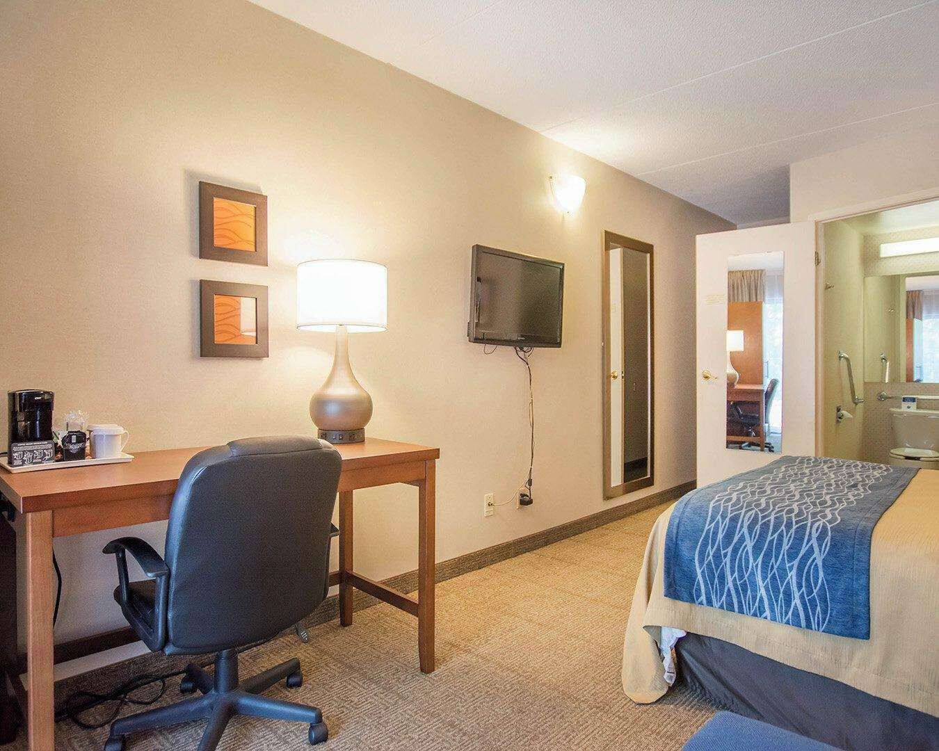 down duvets, pillow-top beds, desk, blackout curtains