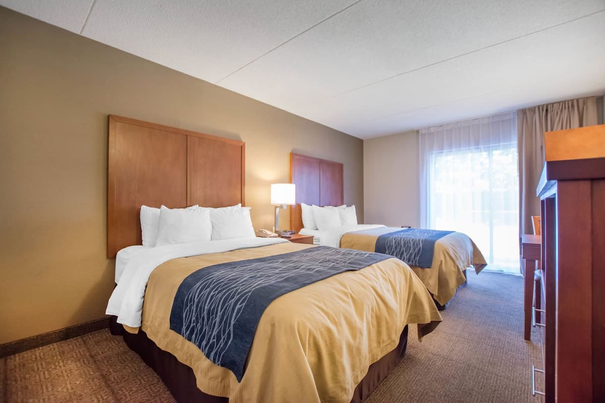 A hotel room with two beds, a wooden headboard, a bedside table with a lamp, and a view of the outdoors.