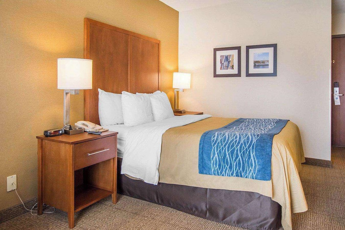 A hotel room with a bed, two bedside lamps, a nightstand with a phone, and a wall-mounted picture.