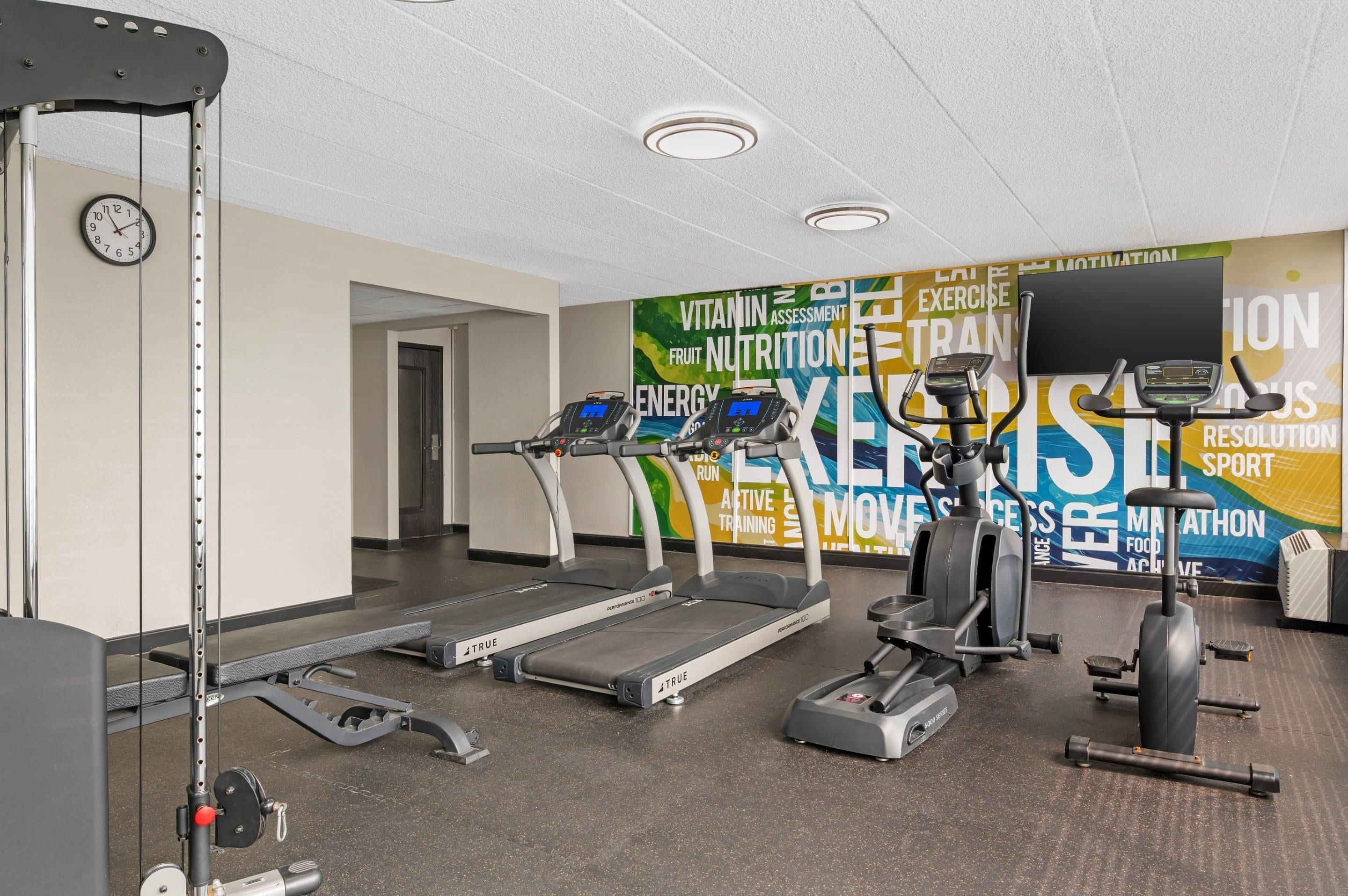 A gym with treadmills, a stationary bike, and weightlifting equipment.