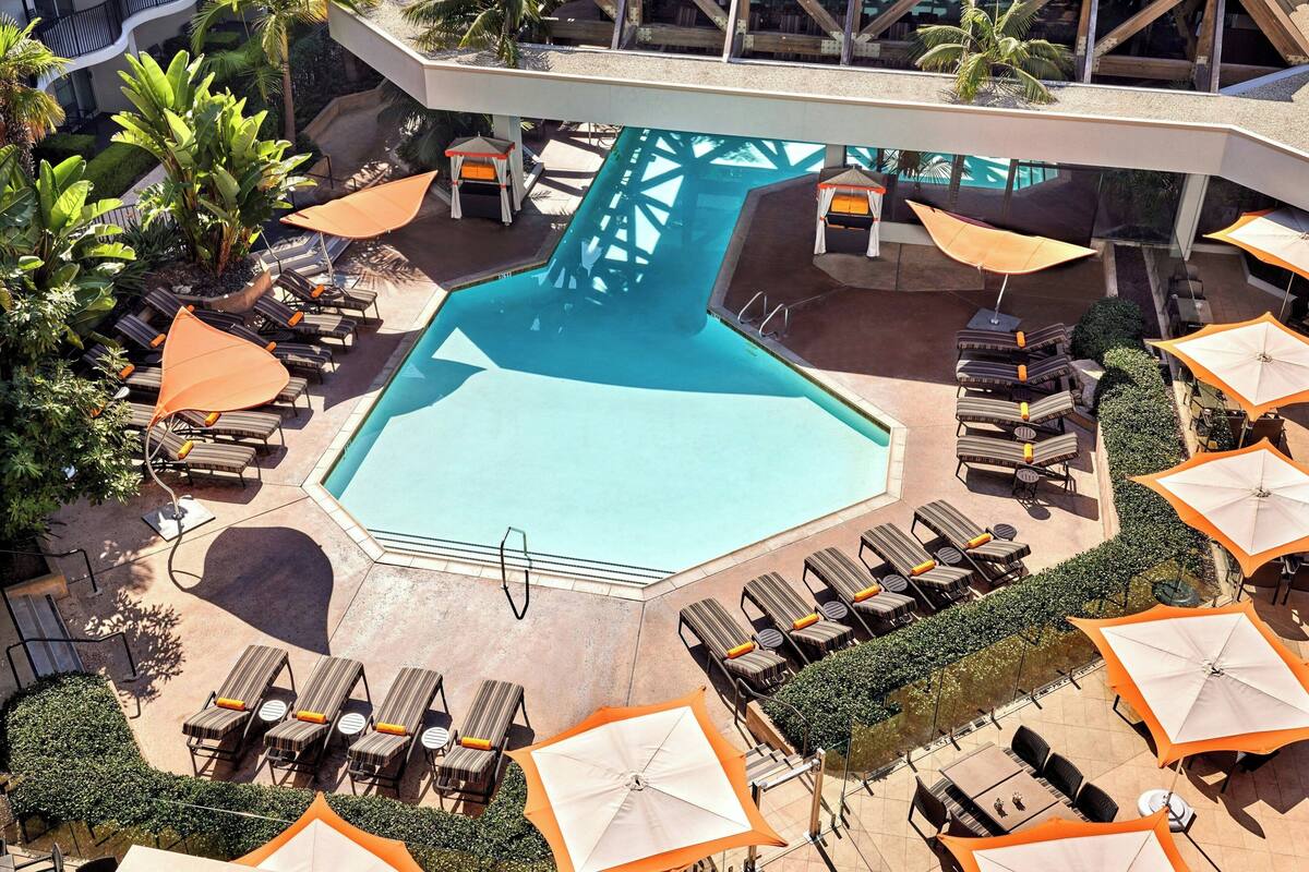 A rooftop pool area with multiple lounge chairs and umbrellas, surrounded by greenery and a modern architectural structure.