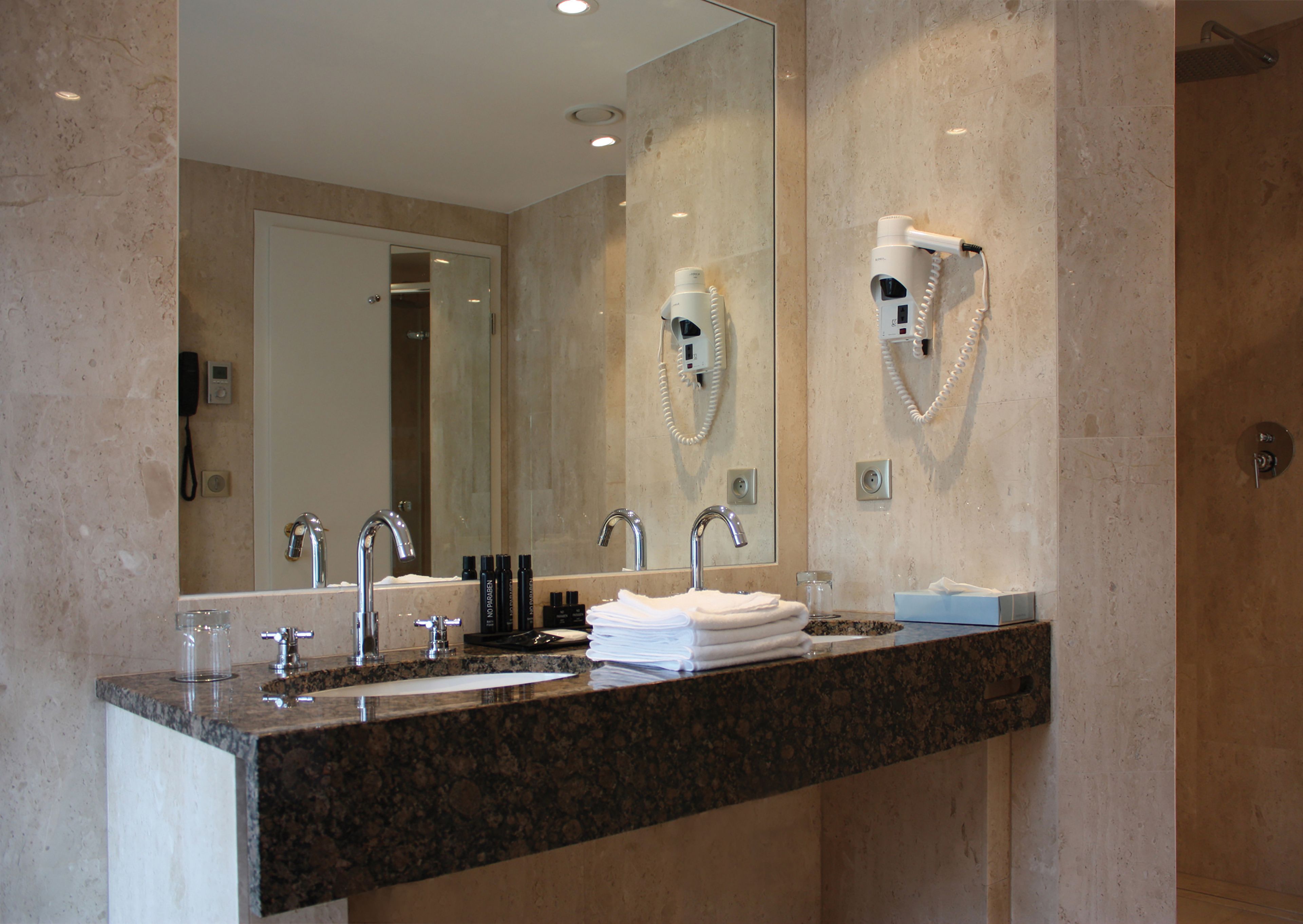 free toiletries, hair dryer, towels