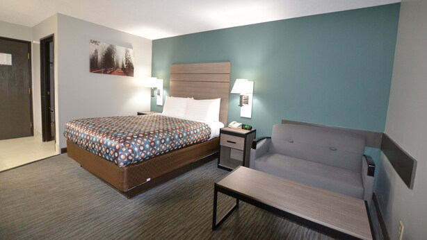 A hotel room with a bed, bedside table, lamp, and a sofa.
