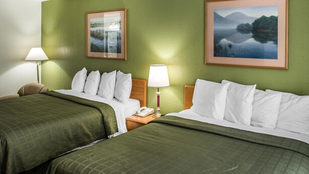 Habitación de hotel con dos camas, paredes verdes y cuadros de paisajes.