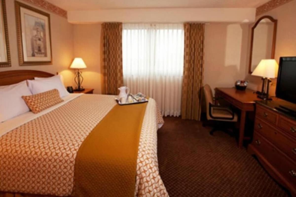 A hotel room with a bed, a desk, a chair, a television, and a window with curtains.