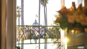 A view through a window with a metal railing, featuring palm trees, a building with a dome, and a flag.