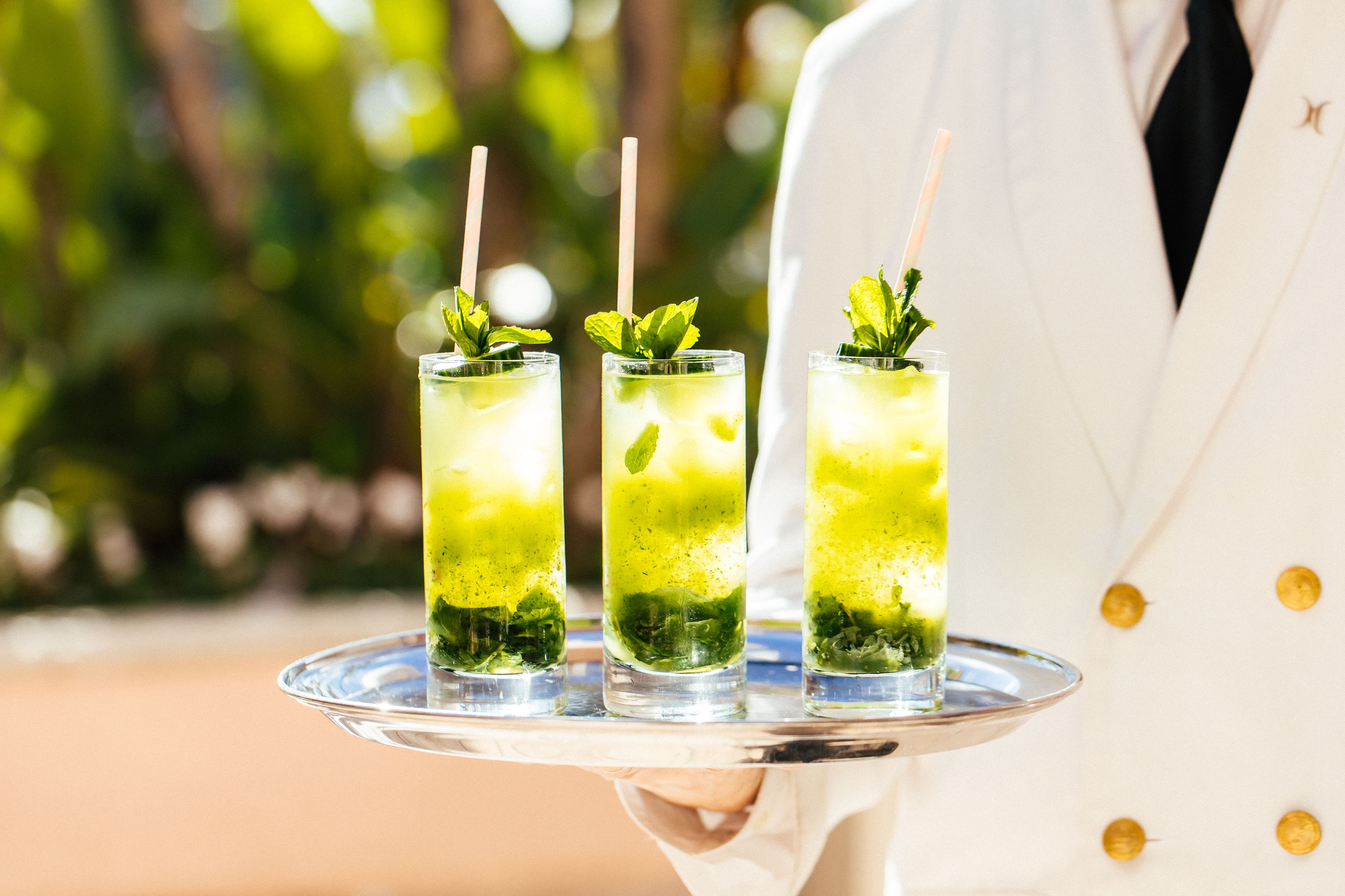 A person holding a tray with three glasses of green beverage, each garnished with mint leaves and straws.