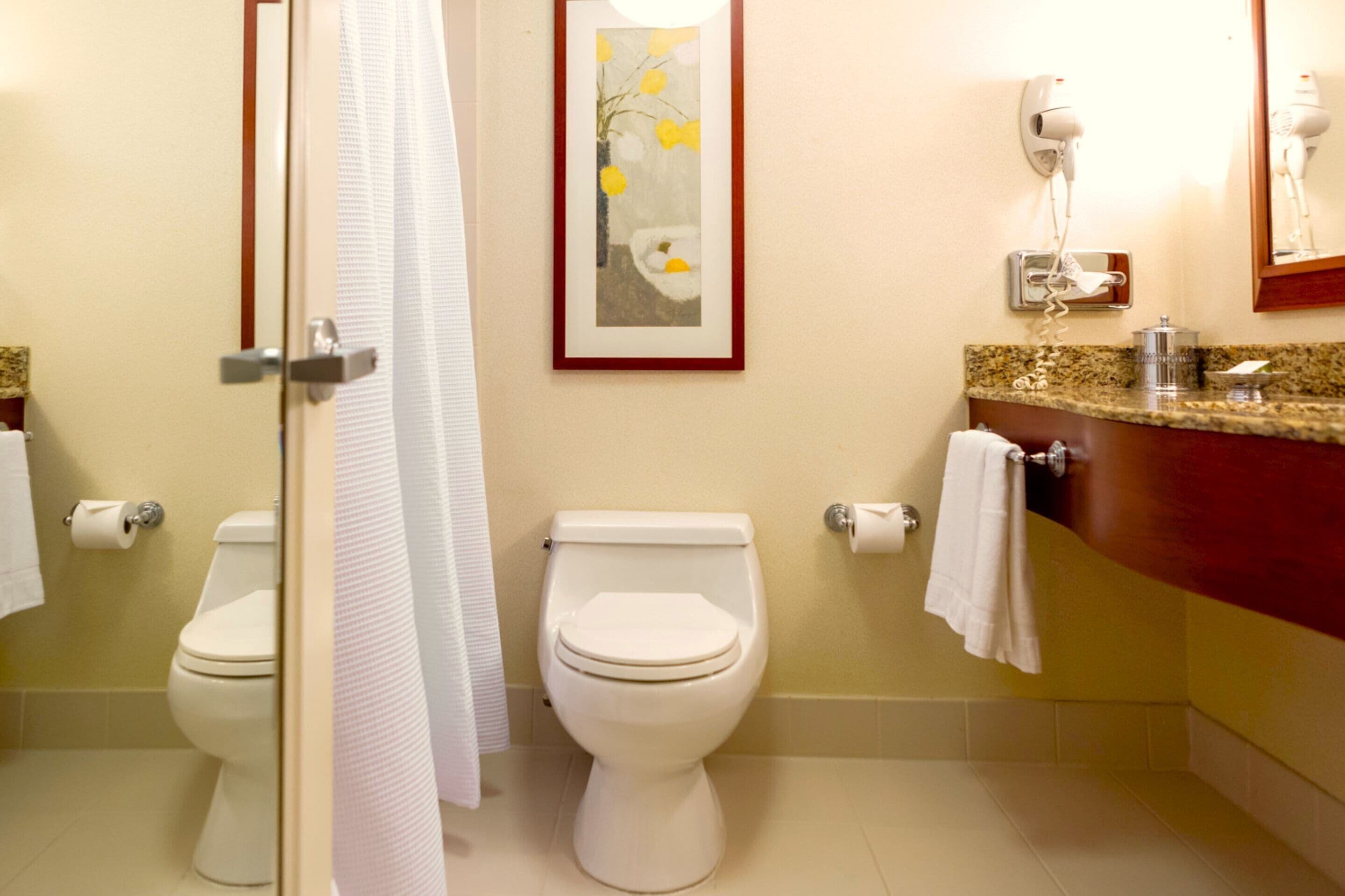 combined shower/bathtub, hair dryer, bathrobes, towels