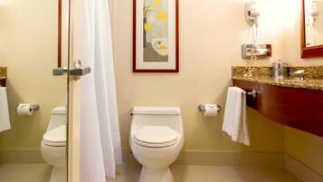 Combined shower/tub, hair dryer, bathrobes, towels