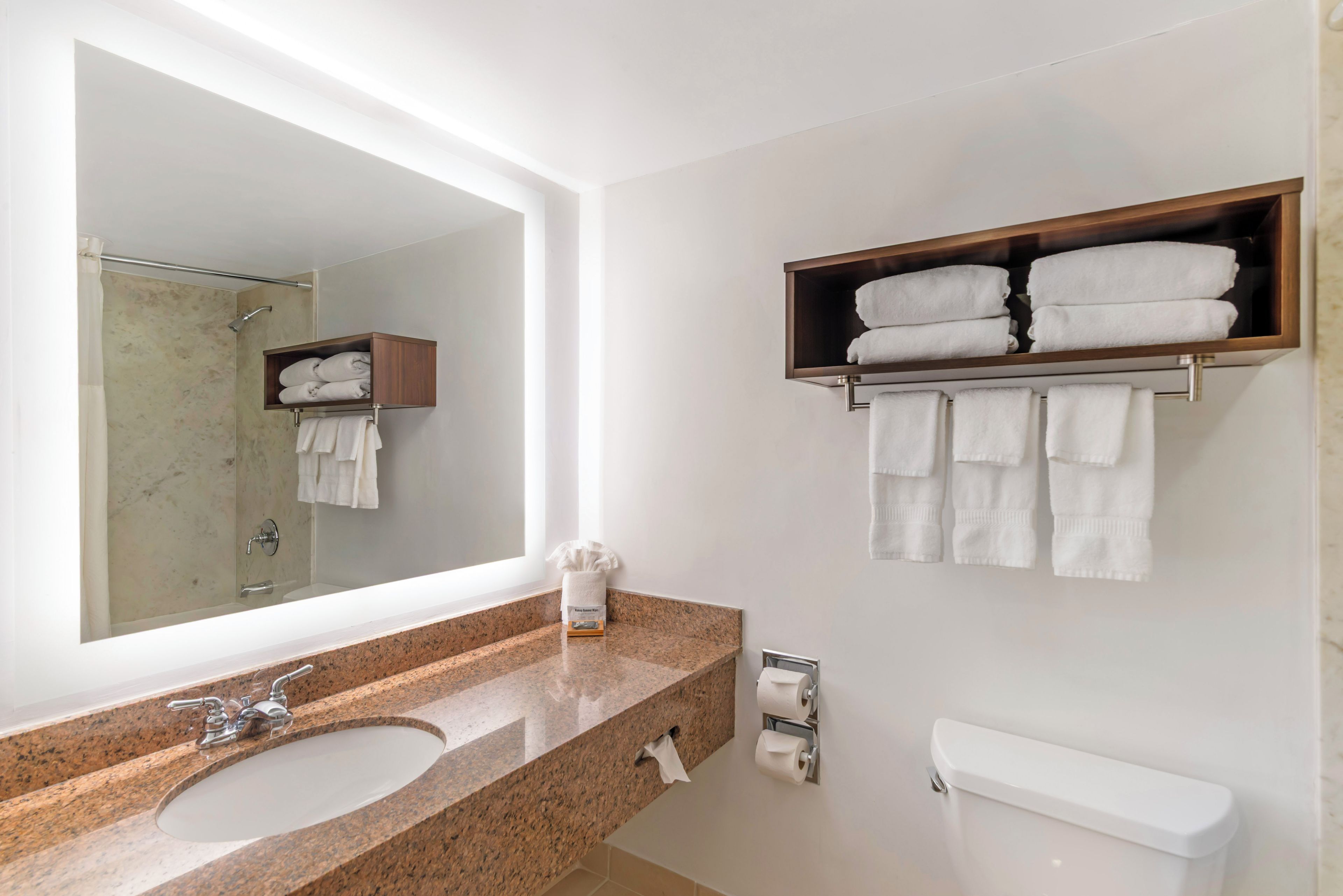 Un baño con lavamanos de encimera de granito, un espejo, toallero y un inodoro.