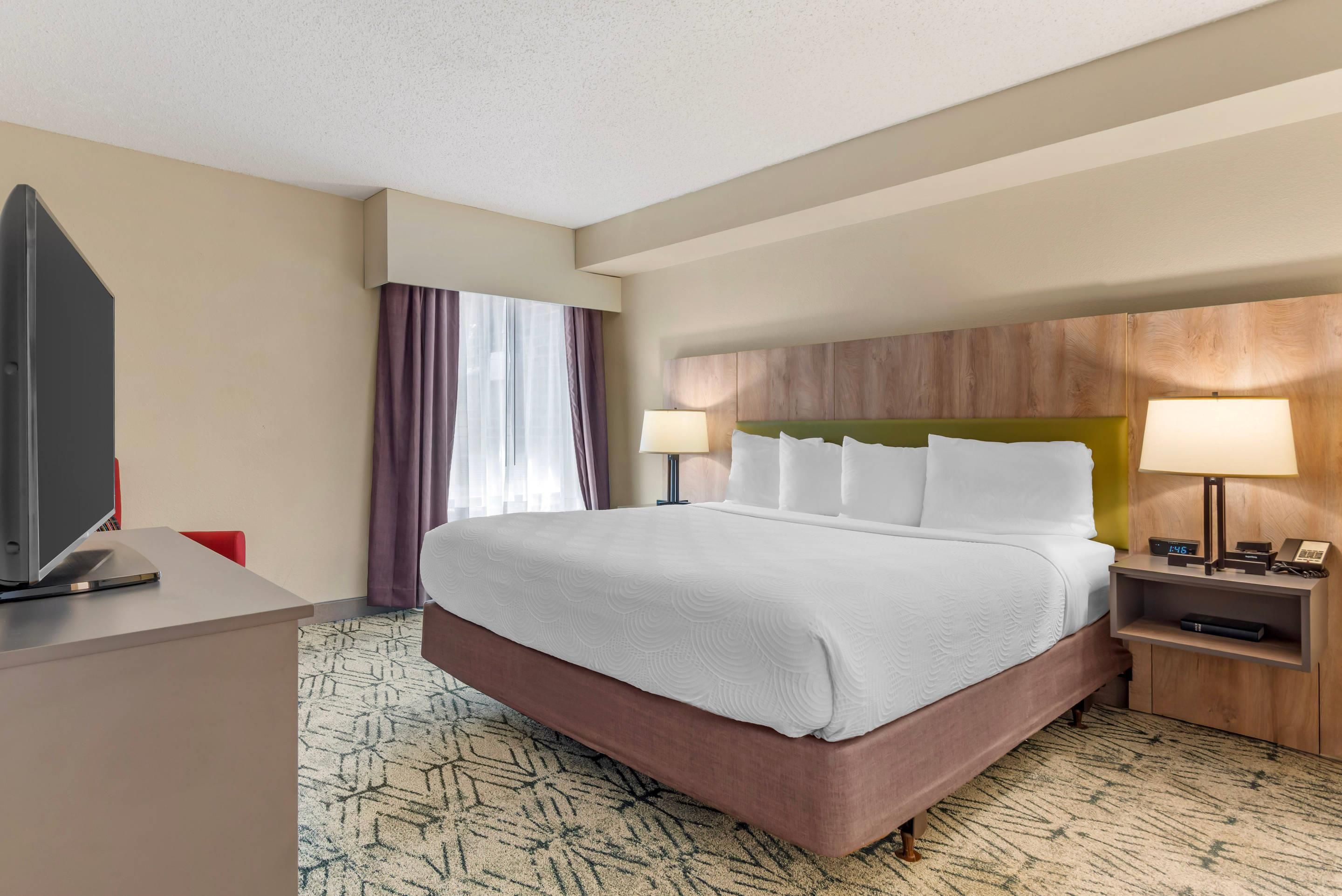 A hotel room with a bed, bedside lamps, a desk with a television, and a carpeted floor.