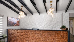 Un comptoir d’accueil au design original, avec un bloc de bois apparent, un lustre moderne et un mur blanc à la texture particulière.