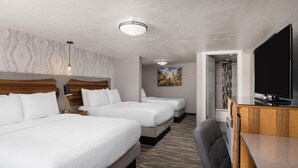 Une chambre d’hôtel avec deux lits, un bureau, une télévision et un espace douche.