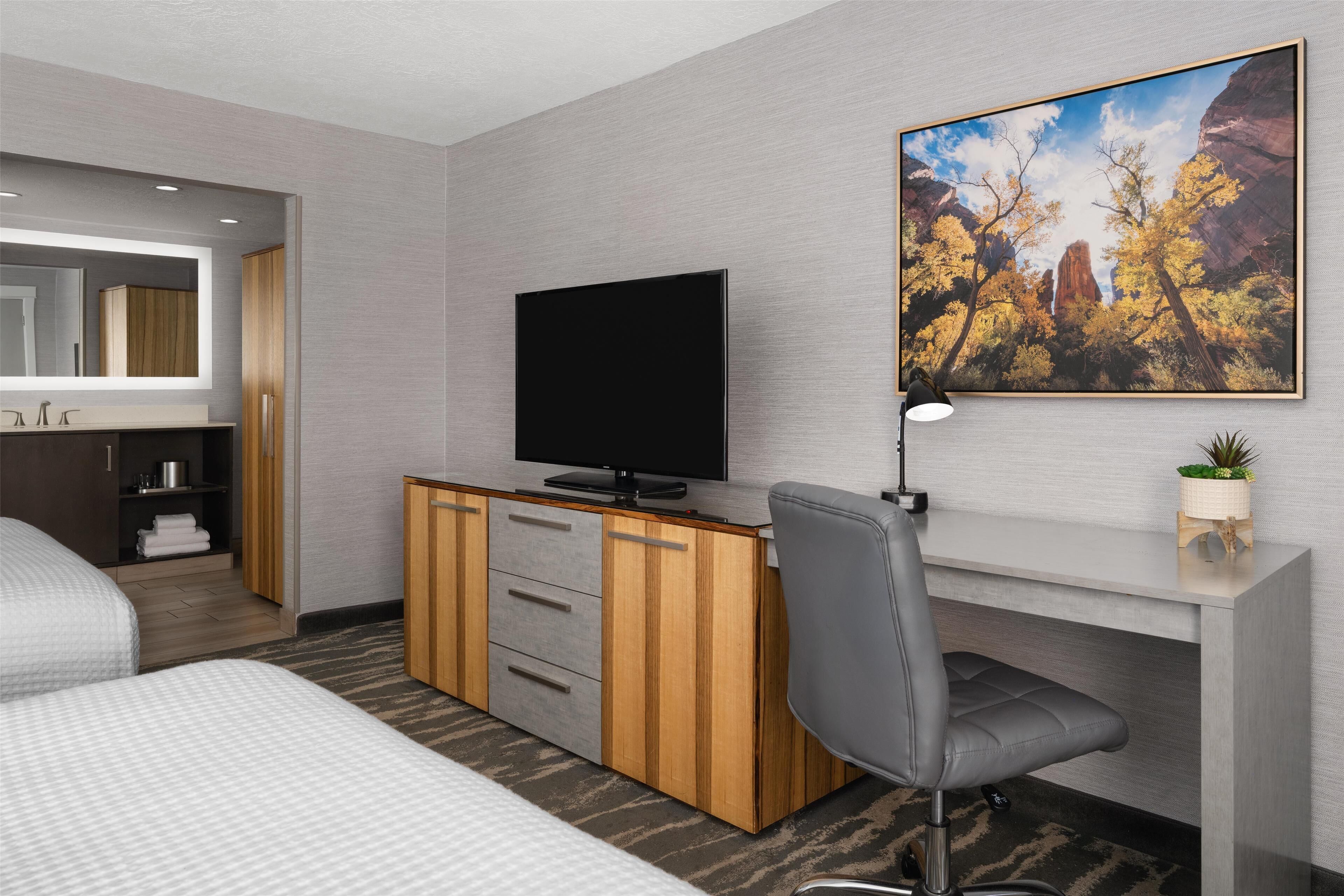 standard room, 2 queen beds, non smoking, refrigerator & microwave | desk, laptop workspace, blackout curtains, iron/ironing board