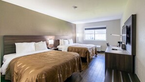 Una habitación de hotel con dos camas, un escritorio, un televisor y una ventana.