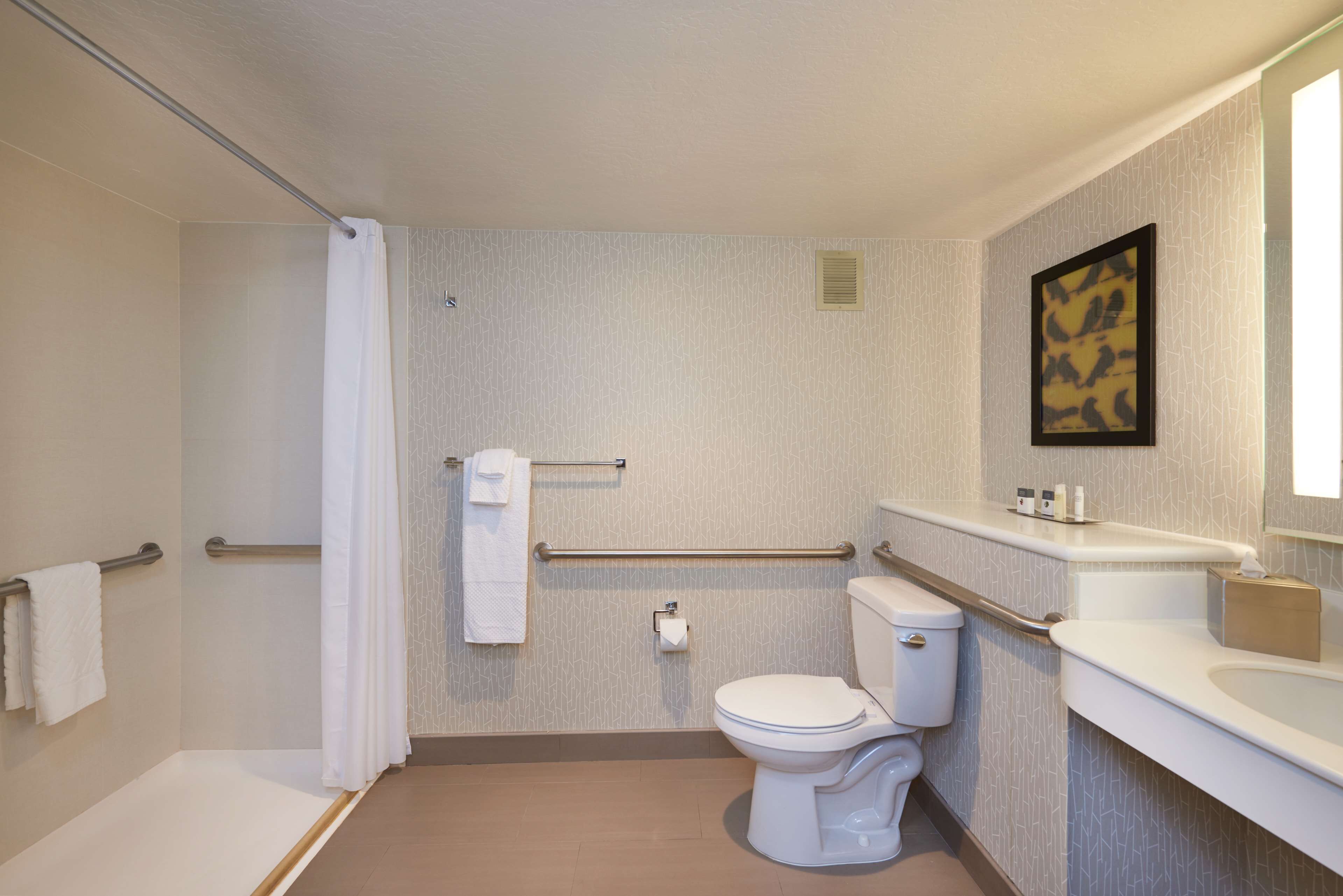 A modern bathroom with a shower, toilet, and sink.