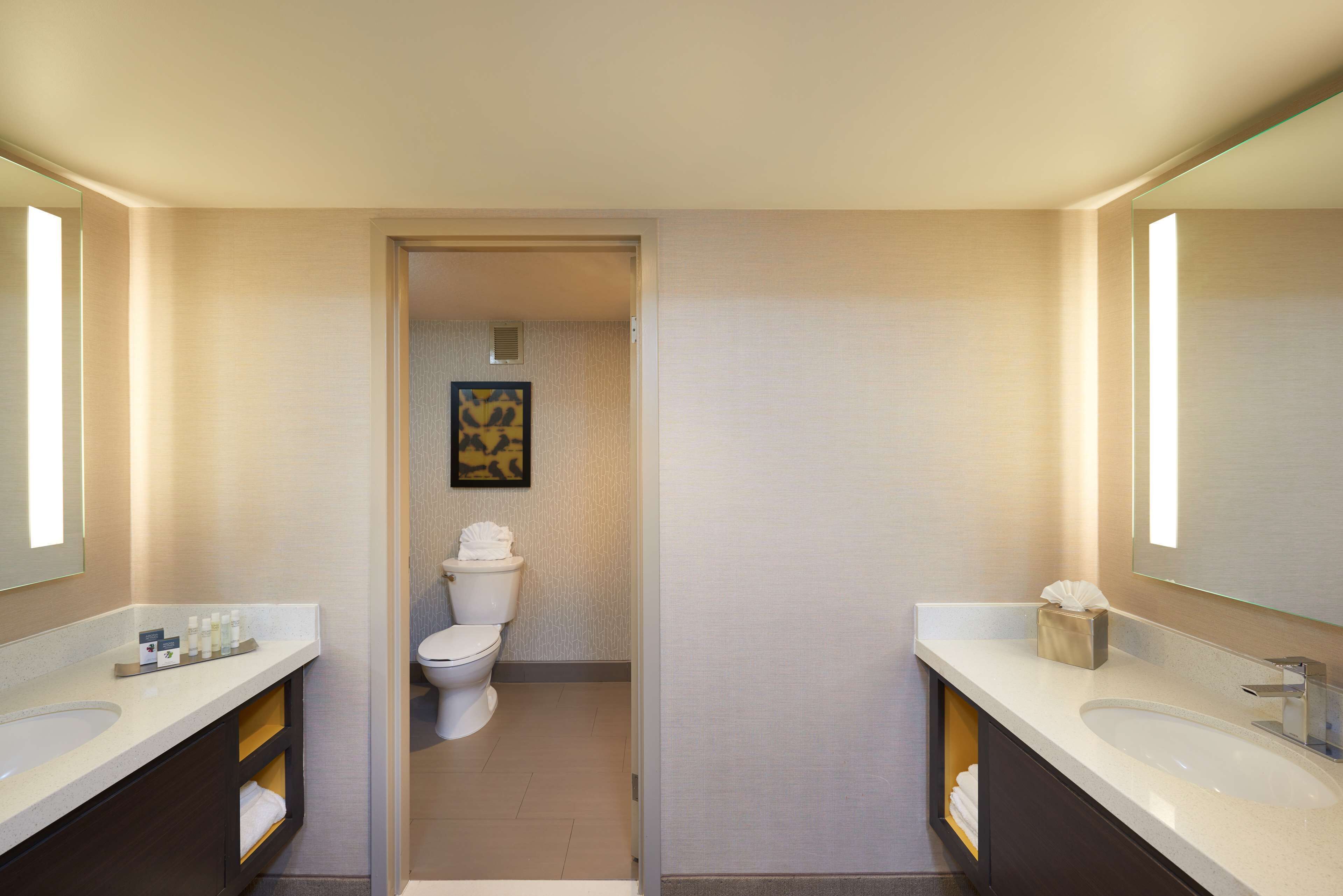 A modern bathroom with two sinks, a toilet, and a framed artwork on the wall.