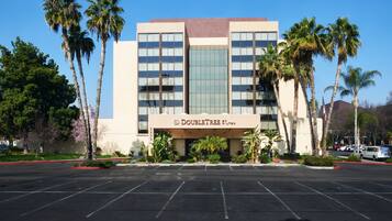 A Doubletree hotel with a modern facade, palm trees, and a parking lot.