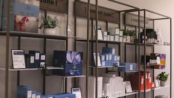 A display of products on shelves with labels such as "comfort zone" and "promo".