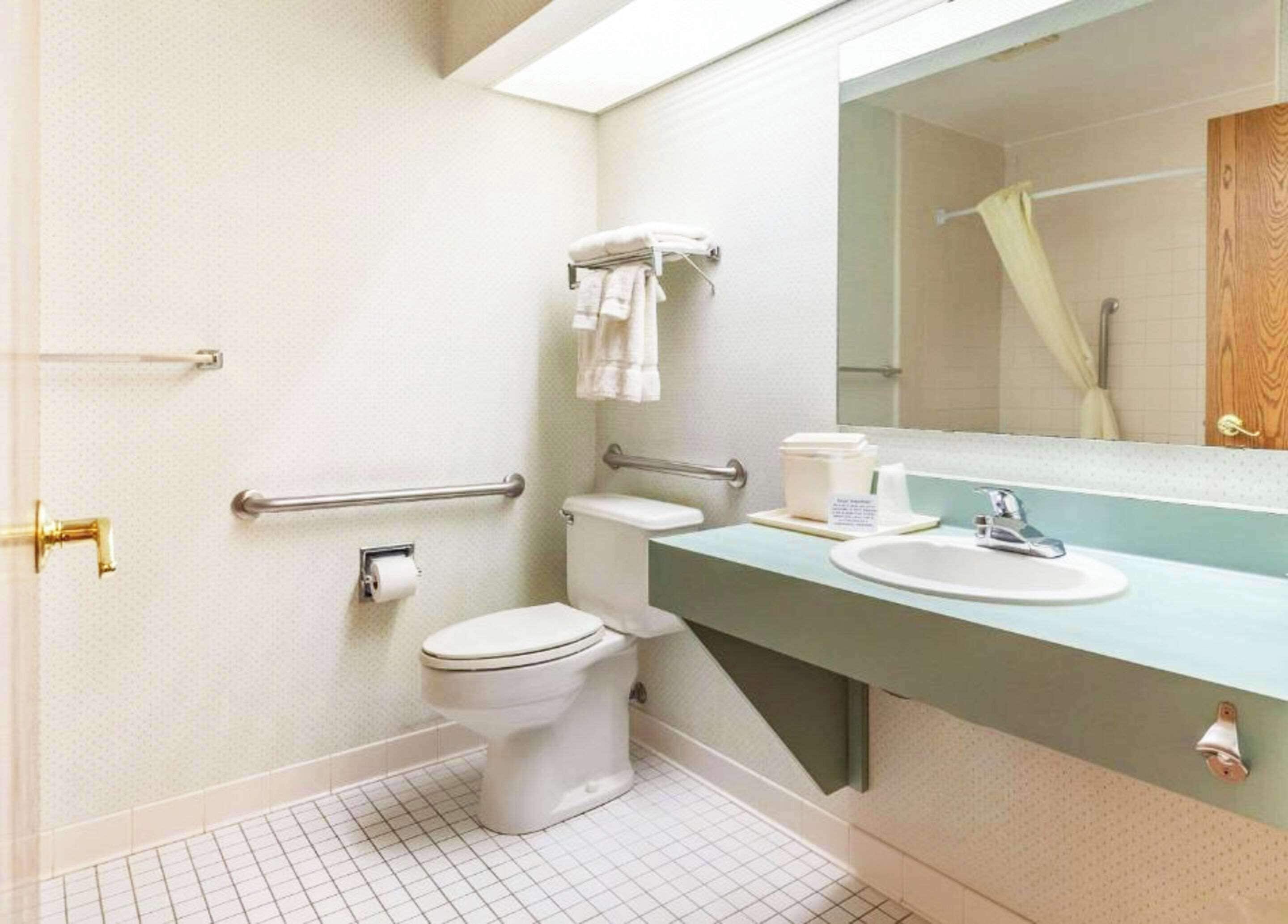 Un baño con inodoro, lavamanos y espejo.
