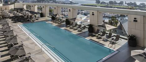 A rooftop pool with lounge chairs and umbrellas, a view of a bridge, and a marina in the background.
