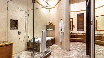 Premier Suite | Bathroom | Shower, designer toiletries, hair dryer, bathrobes