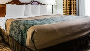 A hotel room with a large bed, a headboard, a lamp, a painting on the wall, and a window with curtains. - Econo Lodge & Suites Grand Rapids Airport (Grand Rapids)