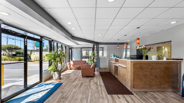 A reception area with a wooden reception desk, a sofa, and potted plants. - Americas Best Value Inn Douglasville (Douglasville)