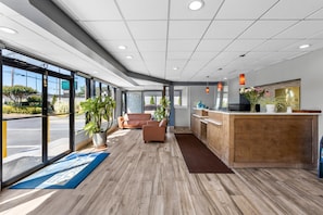 A reception area with a wooden reception desk, a sofa, and potted plants.