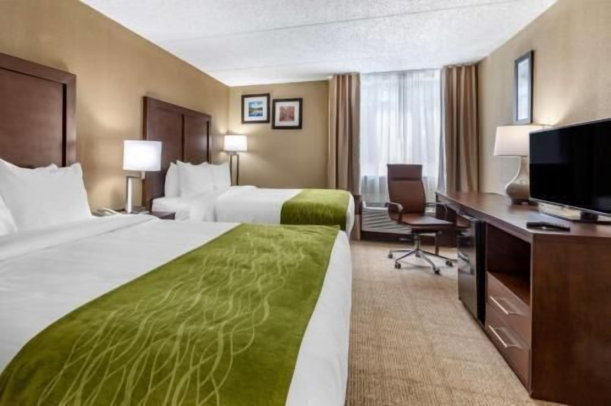 Premium bedding, pillowtop beds, desk, blackout drapes