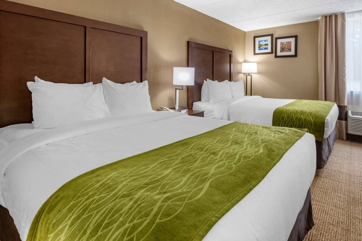A hotel room with two beds, a headboard, bedside lamps, a wall-mounted phone, and two framed pictures.