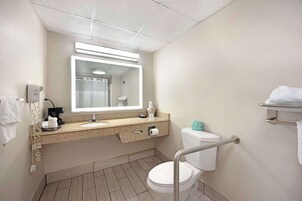Un baño de hotel con lavamanos, espejo, inodoro y barras de apoyo.