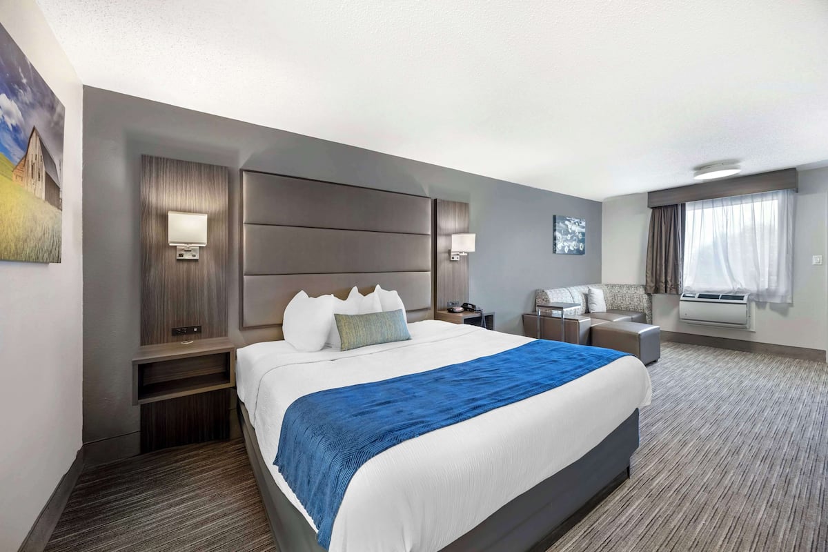 A hotel room with a large bed, a desk, a chair, a flat-screen TV, and a window with curtains.